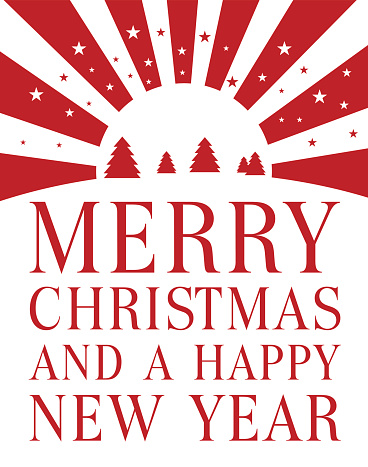 Christmas card with traditional Christmas trees and stars relating to the star of Bethleham  with bold upper case  text  ' Merry Christmas and a Happy New Year '