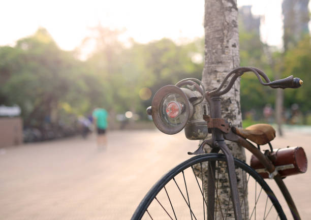 istock Retro bicycle with large front wheel in public park. 691754222
