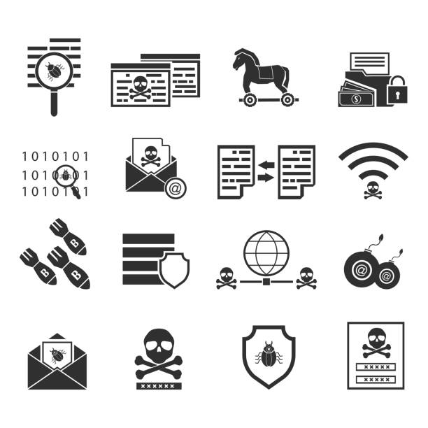 ilustrações, clipart, desenhos animados e ícones de ícone do cibercrime internet rede segurança preto. conceito de segurança online do crime de cyber de ilustração vetorial. - computer language internet computer e mail