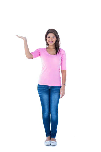 istock Pretty brunette showing something with one hand 691754990