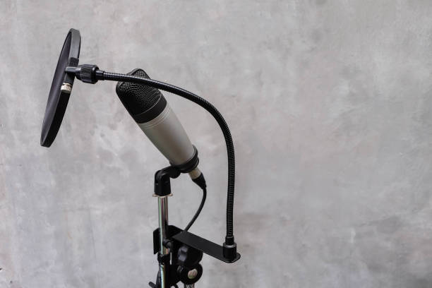 istock closeup shot studio microphone on a stand with loft wall 691755212