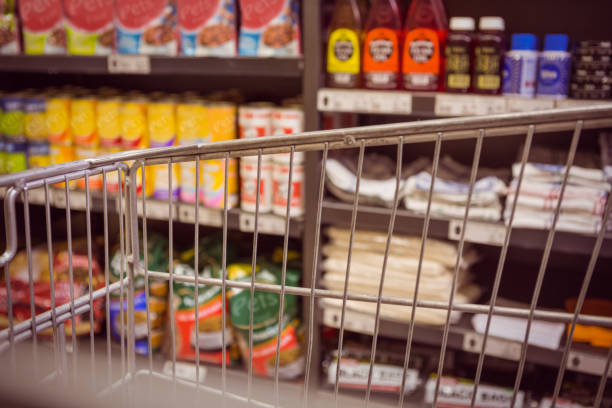 istock Trolley with product on shelf 691758068