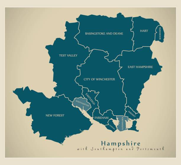 ilustrações, clipart, desenhos animados e ícones de moderno mapa - com etiquetas incluindo ilustração de uk de southampton e portsmouth, no condado de hampshire - hampshire