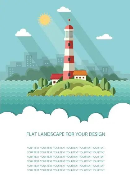 Vector illustration of Blank for text. Seascape. Lighthouse on the island on a background of clouds. Flat vector Infographics design