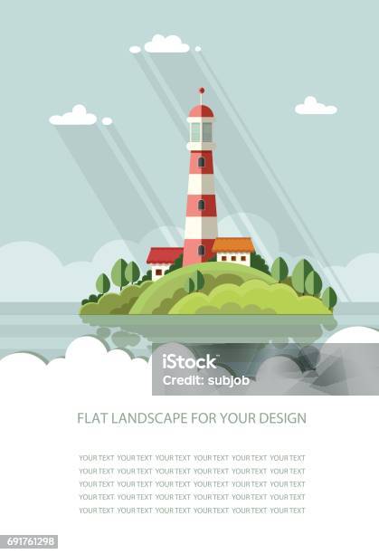 Blank For Text Seascape Lighthouse On The Island On A Background Of Clouds Flat Vector Infographics Design Stock Illustration - Download Image Now