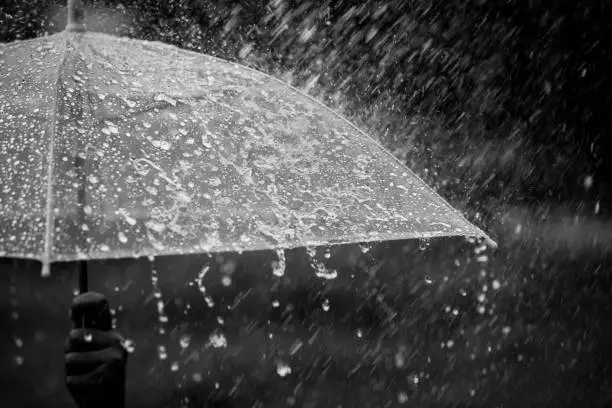 Splashing water on umbrella in the rain in black and white color tone