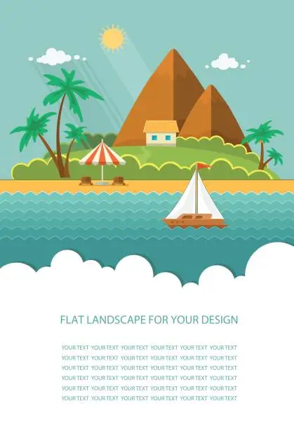 Vector illustration of Form for text, Flyer. Summer paradise ocean landscape. A beautiful island with huts in the sea. House on the beach. Vacation with a holiday in the tropics. Flat vector illustration