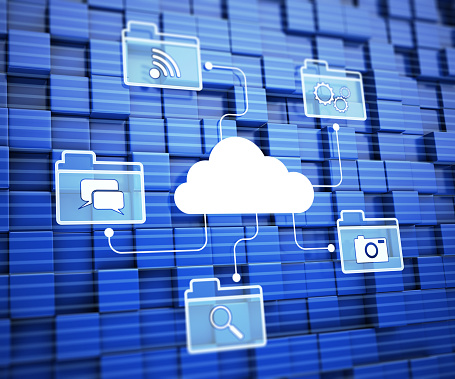 Cloud Computing. Cloud and folders with signs on blue background
