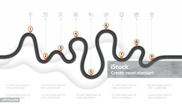 Navigation Map Infographic 9 Steps Timeline Concept Winding Road Stock Illustration - Download Image Now