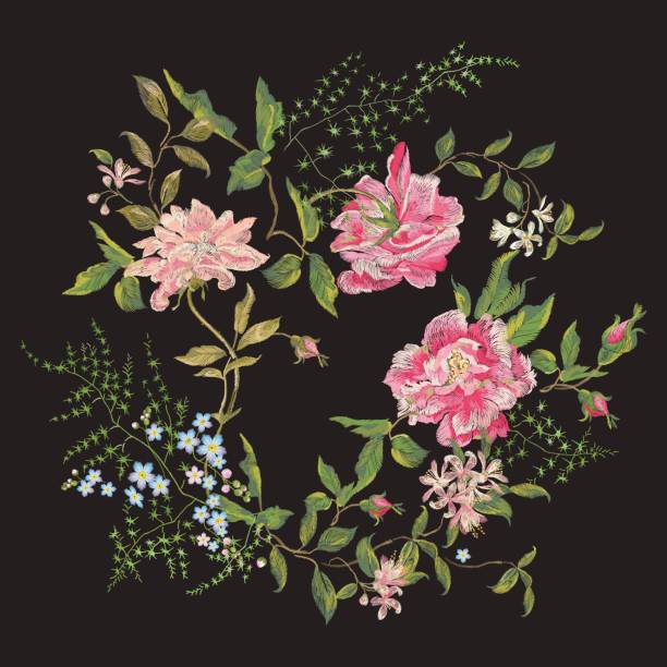 istock Embroidery beautiful floral pattern with roses, peony and forget me not. 691765784