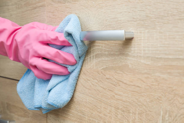 istock Hand in pink rubber protective glove with rag wiping a cupboard in the room. Early spring cleaning or regular clean up. Maid cleans house. 691768356