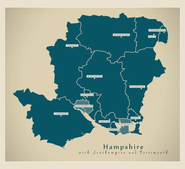 ilustrações, clipart, desenhos animados e ícones de moderno mapa - com distritos, incluindo ilustração de uk de southampton e portsmouth, no condado de hampshire - hampshire