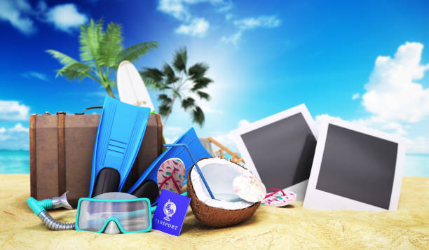 istock Concept travel to tropical countries Different objects on the beach sand 3d render 691779192