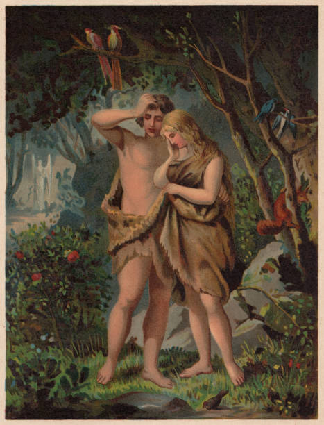 illustrations, cliparts, dessins animés et icônes de adam et eve sont chassés de paradise, publié 1886 - adam & eve