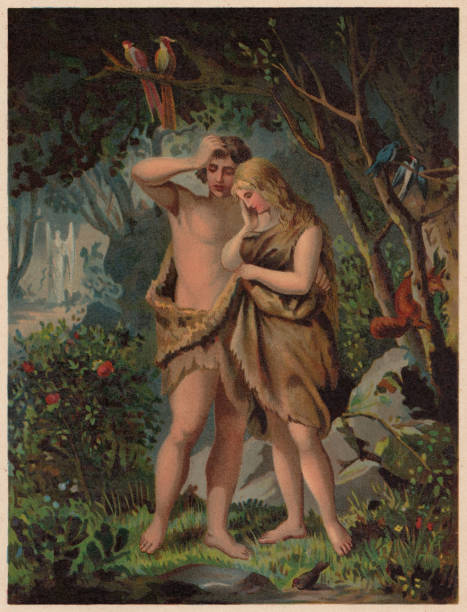adam i ewa są wypędzeni z raju, opublikowana w 1886 roku - adam & eve stock illustrations