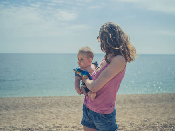 istock Mother standing on beach with baby 691785062