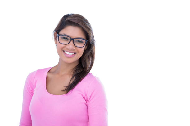 istock Pretty brunette wearing glasses and smiling at camera 691786884