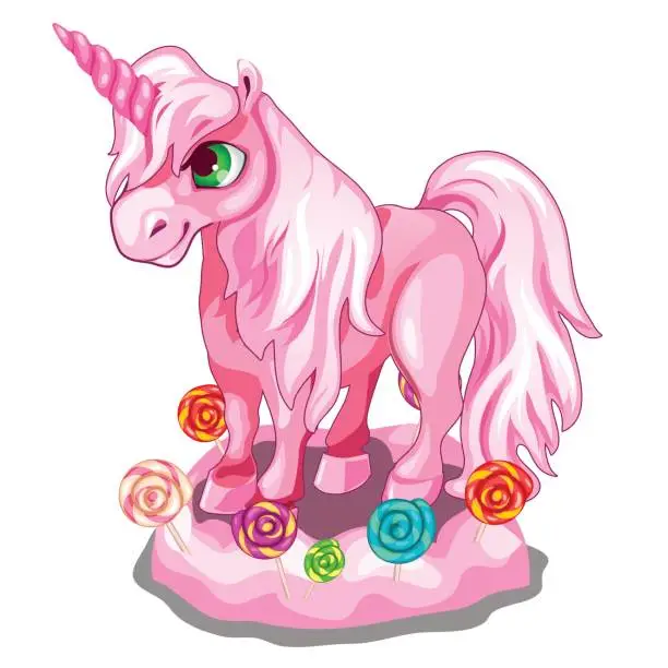 Vector illustration of Sweet pink unicorn with candy lollipops. Vector