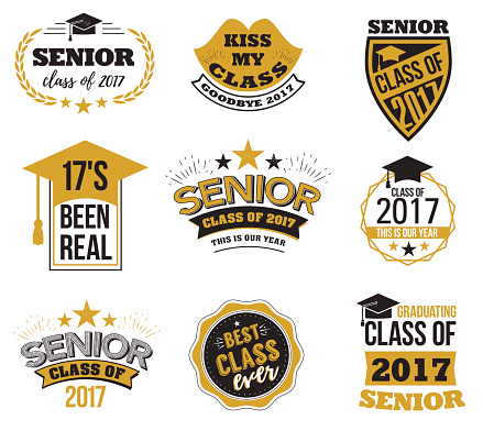 The set of black and gold colored senior text signs with the Graduation Cap, ribbon vector illustration. Class of 2017 grunge badges on white background