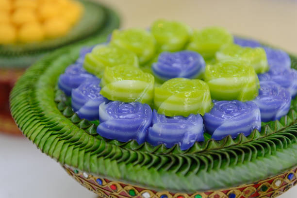istock Layer sweet cake (Khanom Chan) Thai dessert in rose shape 691793840