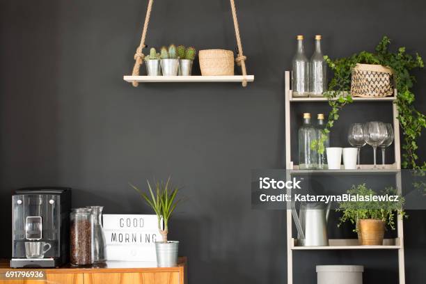 Modern Kitchen With Black Wall Stock Photo - Download Image Now - Kitchen, Shelf, Wall - Building Feature