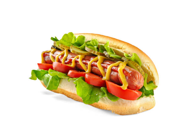 classic hot dog with big sausage - isolated on white flash imagens e fotografias de stock