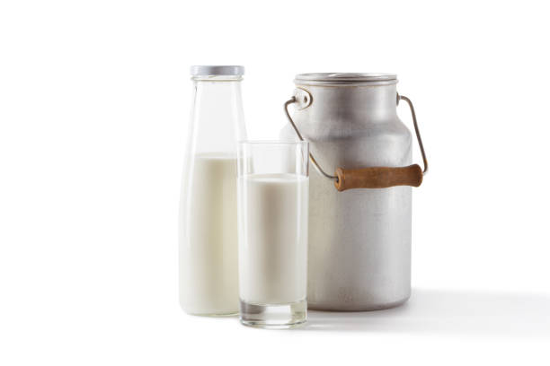 istock fresh milk in can, bottle and glass isolated on white 691799454