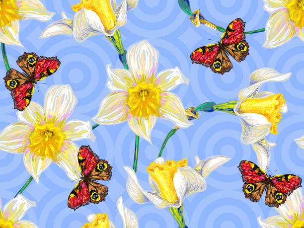 illustrazioni stock, clip art, cartoni animati e icone di tendenza di narciso bianco primaverile senza cuciture e motivo floreale a farfalla. sfondo vettoriale perfetto per carta da parati, riempimento motivo, pagina web, texture superficiale, tessile. motivo con fiori. primavera - daffodil flower silhouette butterfly