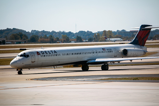 Atlanta, Georgia, USA - October 13, 2016: Delta Airlines airplane starts a take off in Hartsfield-Jackson Atlanta International Airport.
