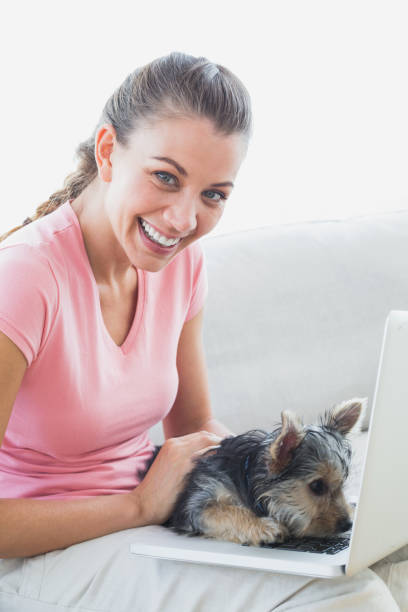 istock Smiling woman using laptop with her yorkshire terrier 691808120