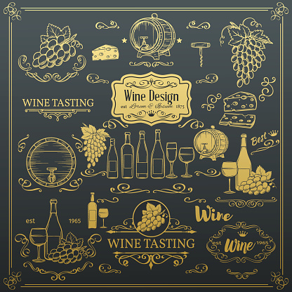 Decorative vintage wine icons. Golden design for wine shop. Vector design elements of wine and calligraphy swirl for the design of wine labels cards brochures.