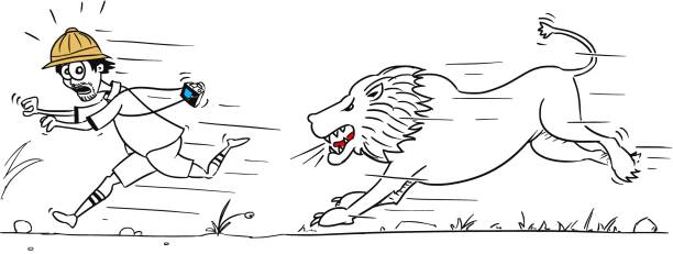 illustrazioni stock, clip art, cartoni animati e icone di tendenza di cartone animato vettoriale di un turista maschio che scappa dal leone maschio - vector blog drawing animal