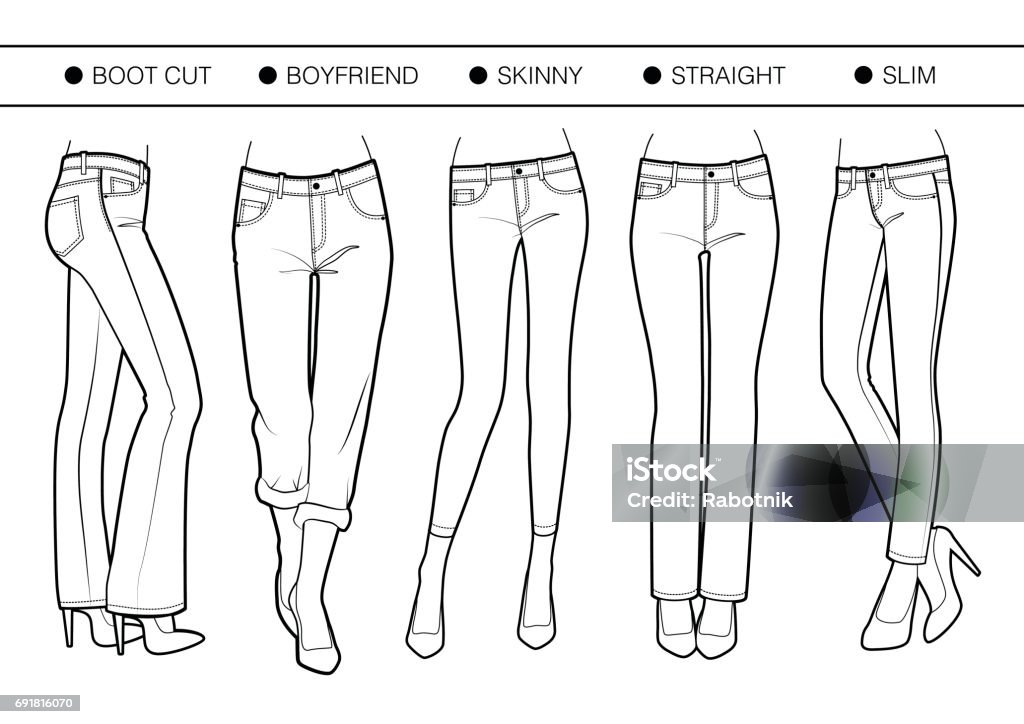 Several silhouettes of trousers Boot cut, boyfriend, skinny, straight, slim fits Jeans stock vector