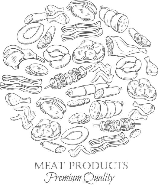 stockillustraties, clipart, cartoons en iconen met instellen van getekende monochroom handpictogram vlees - rookworst