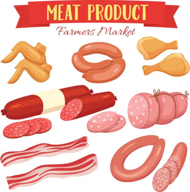 stockillustraties, clipart, cartoons en iconen met delicatessen vlees product icons set - rookworst