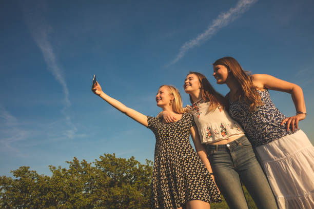 istock Friends taking selfie through smart phone while standing on grassy field against blue sky 691822656