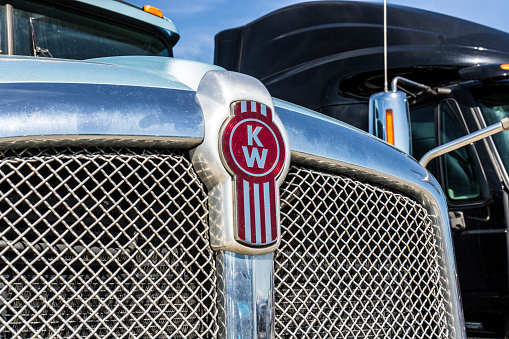 Indianapolis - Circa June 2017: Grille and Logo of a Kenworth Big Rig Semi Tractor Trailer. Kenworth is a division of PACCAR I