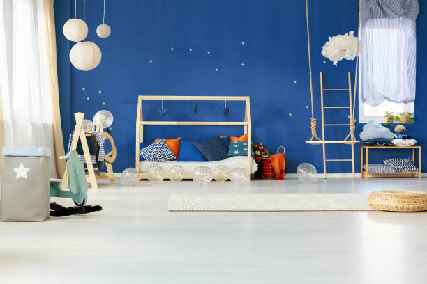 istock Dreamy bedroom with blue wall 691826466