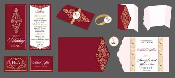 Vector illustration of Wedding card collection - menu, invitation, table cards.