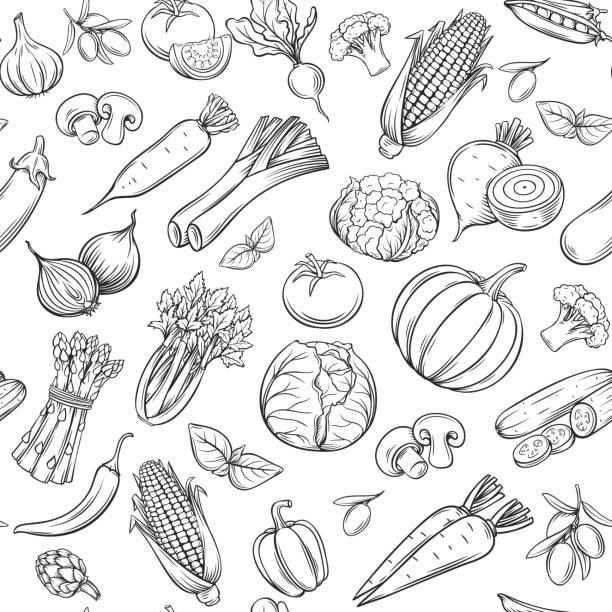 Hand drawn vegetables seamless pattern. Hand drawn vegetables seamless pattern. Healthy food vector background. engraving food onion engraved image stock illustrations