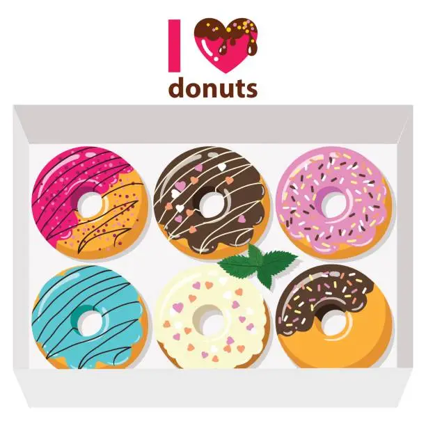 Vector illustration of Delicious donuts in box on white background with letters: i love donuts. Vector illustration