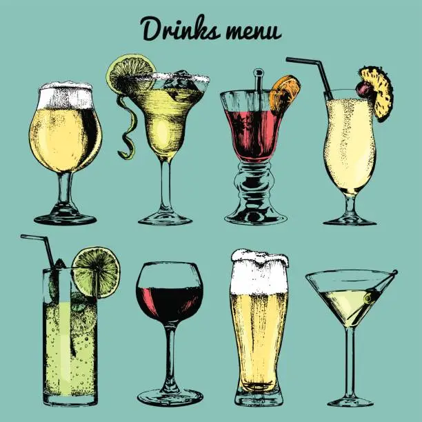 Vector illustration of Drinks menu. Hand sketched cocktails glasses. Vector set of alcoholic beverages illustrations, beer, pina colada etc.