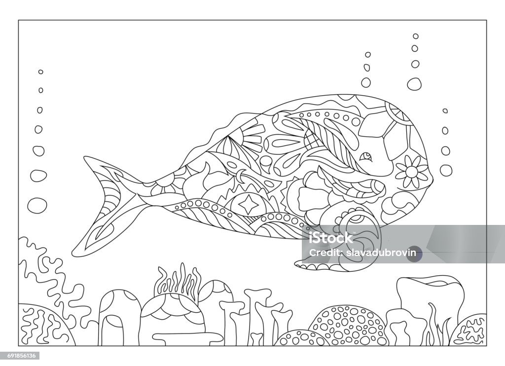 Whale and corals adult coloring page vector illustration Whale and corals coloring page, coloring page whale, sea theme coloring page with whale and coral, high detailed adult coloring whale, adult coloring book page whale, mandala style whale for coloring Adult stock vector