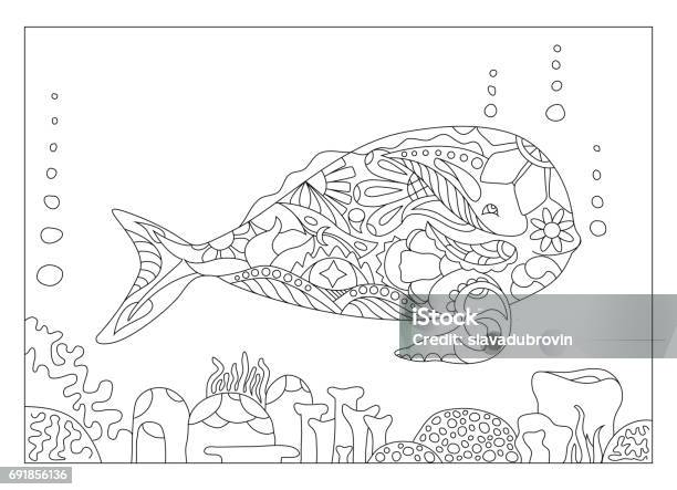 Whale And Corals Adult Coloring Page Vector Illustration Stock Illustration - Download Image Now