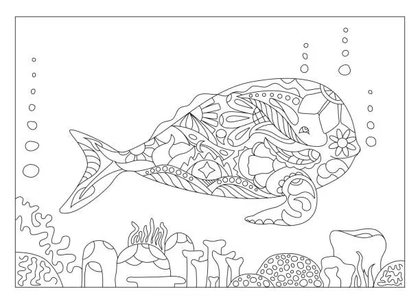 Vector illustration of Whale and corals adult coloring page vector illustration