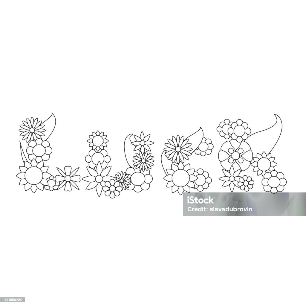 Luck word by summer flowers vector ornament for coloring Luck word by summer flowers vector ornament for coloring, luck word flower ornament vector illustration, flower coloring page, positive thinking, flower design, luck word letters outlined for coloring Alphabet stock vector