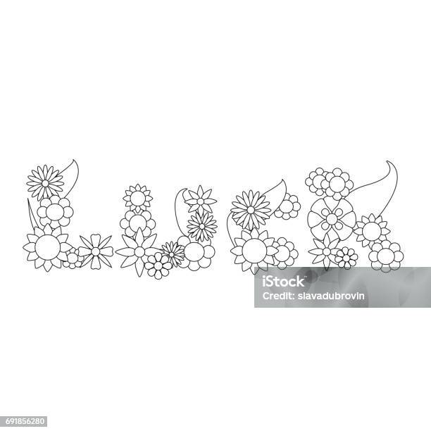 Luck Word By Summer Flowers Vector Ornament For Coloring Stock Illustration - Download Image Now