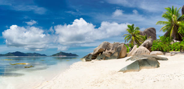 istock Panorama of tropical beach at La Digue island 691856650