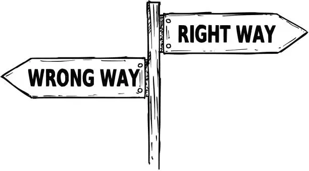 Vector illustration of Cartoon Vector Direction Sign with Two Decision Arrows Right and Wrong Way