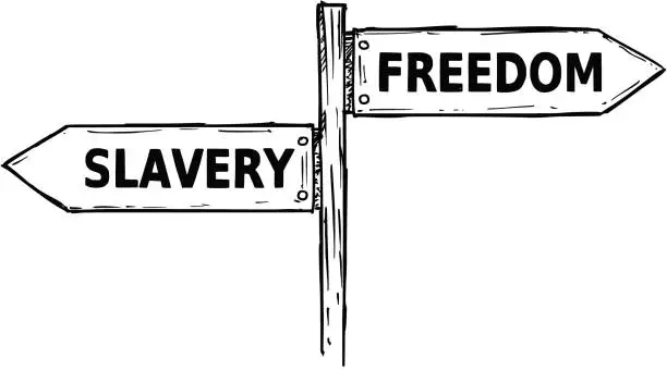 Vector illustration of Cartoon Vector Direction Sign with Two Decision Arrows Freedom and Slavery